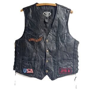 Diamond Plate Biker Vest Womens Vintage Black Patches Vest Lace Up Side Medium